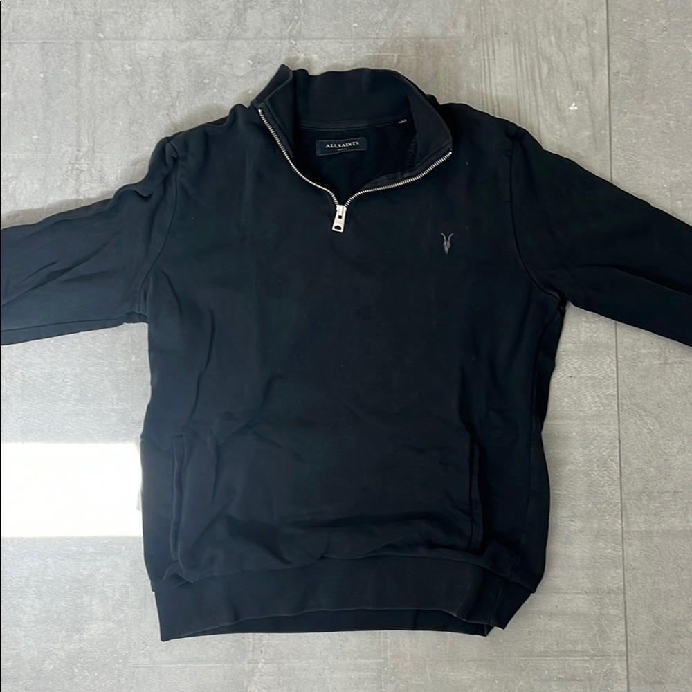 All Saints Black Zip Up Sweater with Ribbed Collar